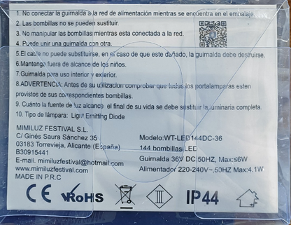 Mimi Luz LED Lichtervorhang 144 LEDs 36V Vorhang Lichterkette Innen Außen Deko
