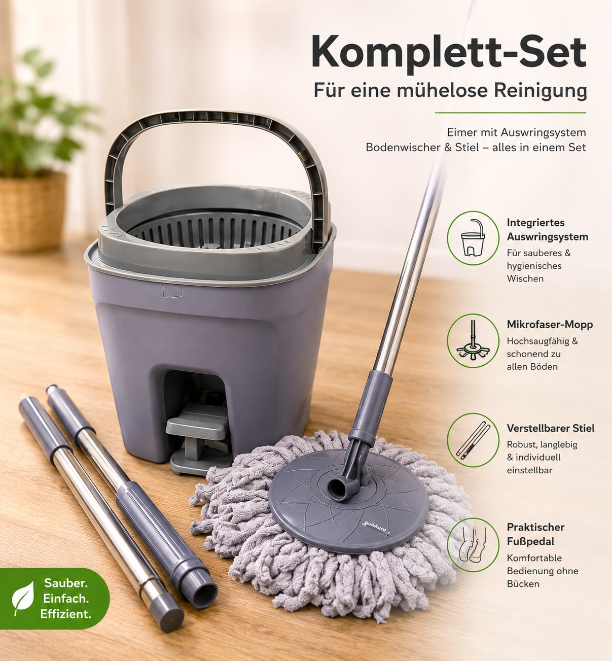 HSE Wischer Set Wischmop Schrubber Bodenwischer Eimer Pedal Mikrofaser Grau HA28