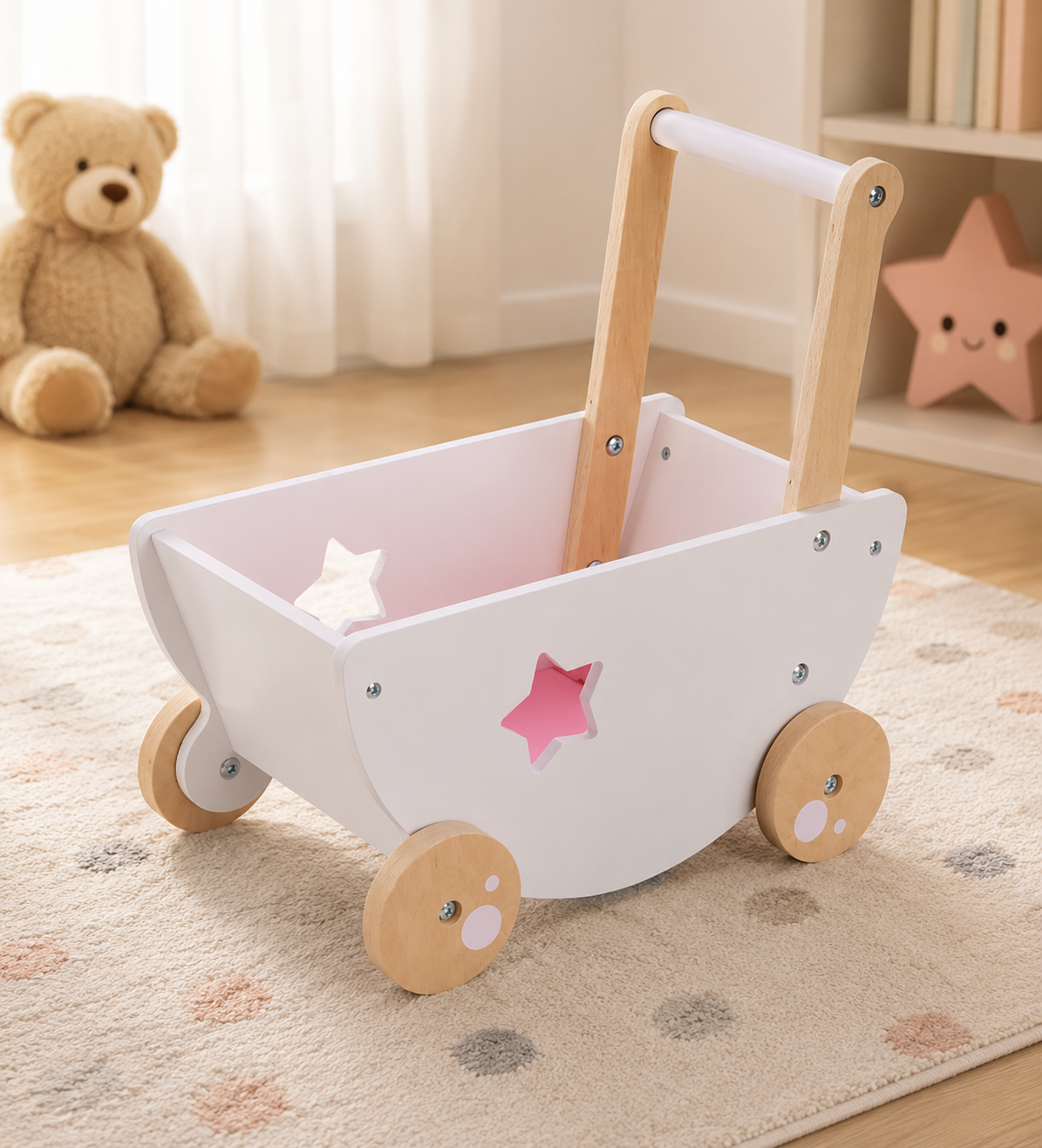 Navaris Puppenwagen Holz Weiß Lauflernwagen Puppenbett Kinder ab 18 Monaten F4
