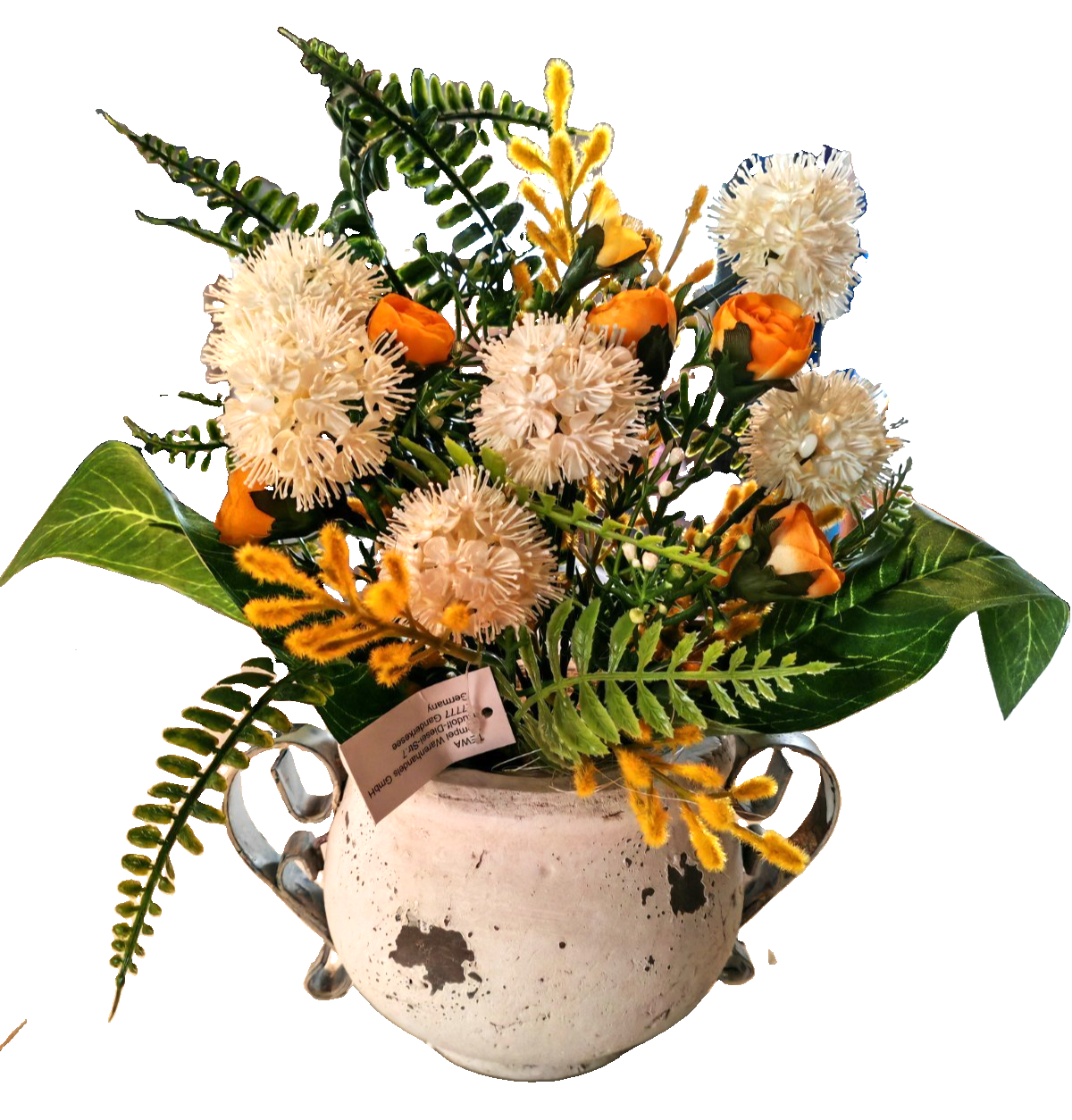 Künstliches Blumengesteck Allium Mimose Rosen Gelb Weiß Deko Vase 30 cm
