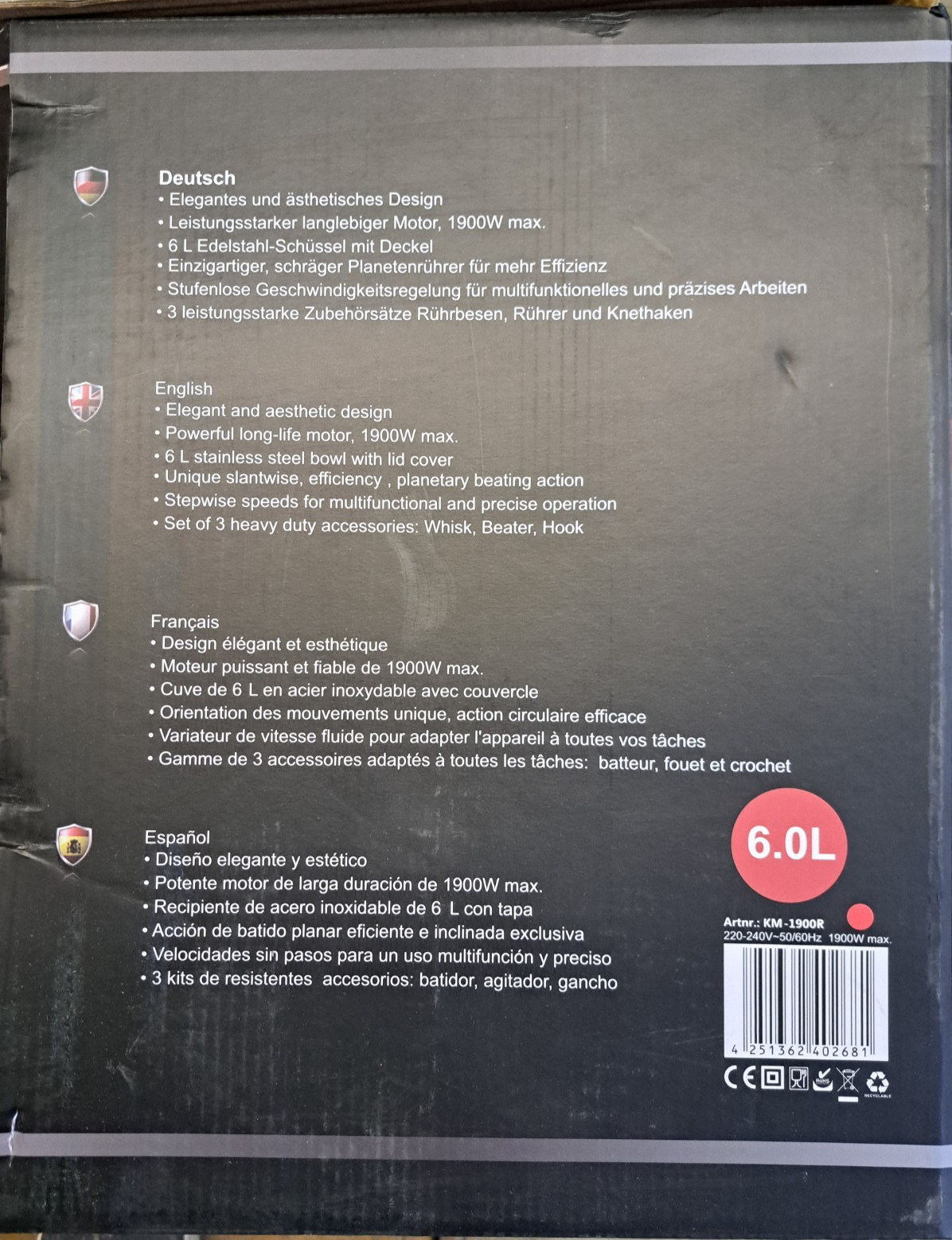 DMS KM-1900R Küchenmaschine 1900W 6L Rot Rühren Kneten