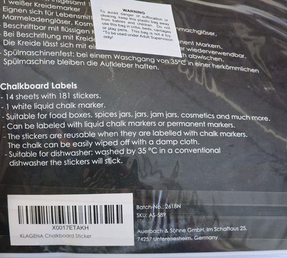 Klagena Tafel Aufkleber Set – 181 Etiketten +  Beschriftung Löschbar