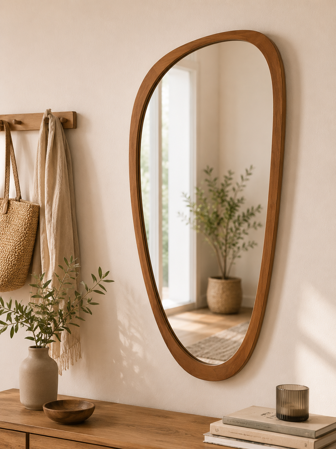 Asymmetrischer Wandspiegel Holzrahmen 60x24,5cm Deko Spiegel Bad Flur Modern HA9