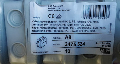 OBO Kabelabzweigkasten 9er Set 75x75x36mm IP54 PE Lichtgrau Abzweigdose A2