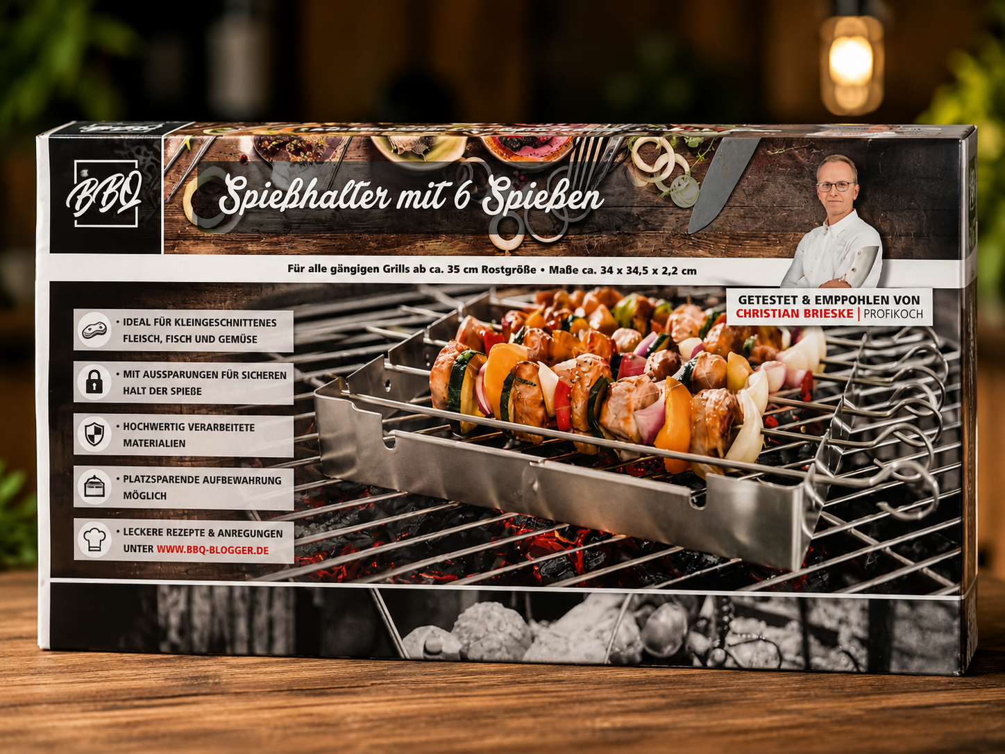 Grillspieß Set Edelstahl Spießhalter mit 6 Spießen BBQ Grillspieße Schaschlik B5