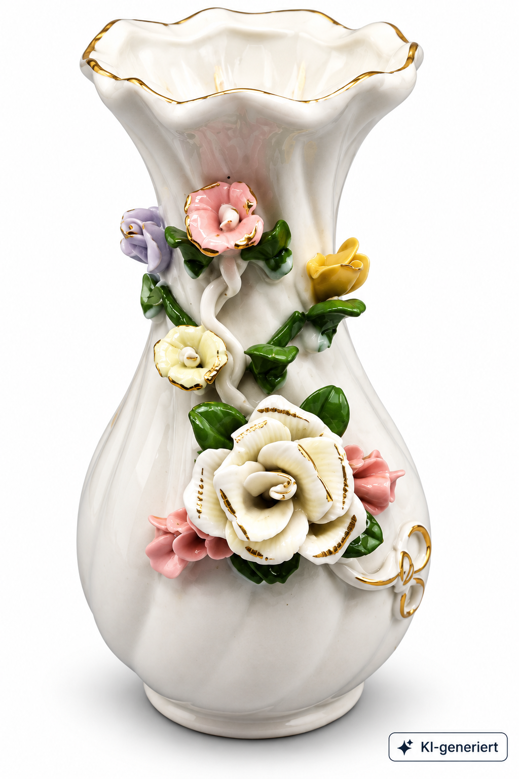 Vintage Porzellan Vase mit aufgesetzten Blumen Rosen Goldrand ca. 16 cm