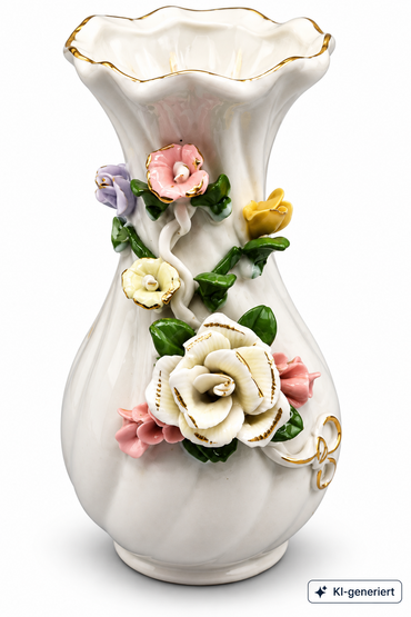 Vintage Porzellan Vase mit aufgesetzten Blumen Rosen Goldrand ca. 16 cm