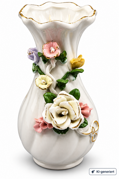 Vintage Porzellan Vase mit aufgesetzten Blumen Rosen Goldrand ca. 16 cm