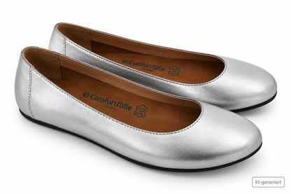 Comfortfüße Damen Ballerinas Gr. 40 Silber Echtleder Korksohle Leder Schuhe G2