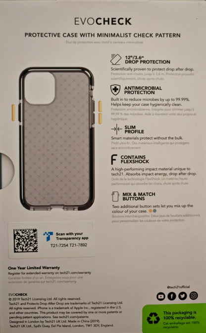 Tech21 Evo Check iPhone 11 6,1" Hülle Smokey Black 3,6m Fallschutz T21-7254