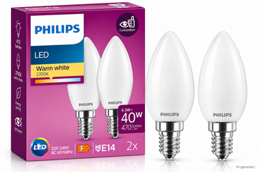 Philips LED Kerzenlampe E14 4,3W 40W 470lm 2700K Warmweiß 2er Set B35 HA34