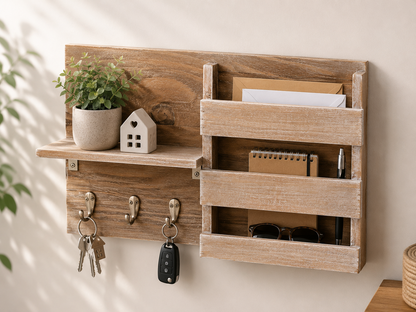 Schlüsselbrett Holz Wand Schlüsselhalter Postablage 3 Haken Landhausstil HO-A1