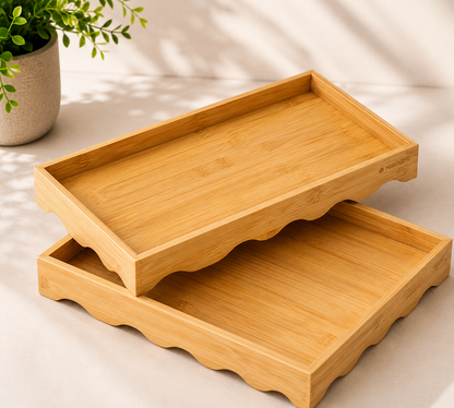 2er Navaris Bambus Tablett Set Gewellt Holz Serviertablett Deko Bett C05