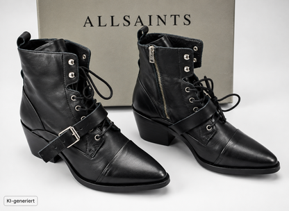 AllSaints Katy Damen Stiefeletten Leder Schwarz Boots Schnürstiefel Gr. 39 G1