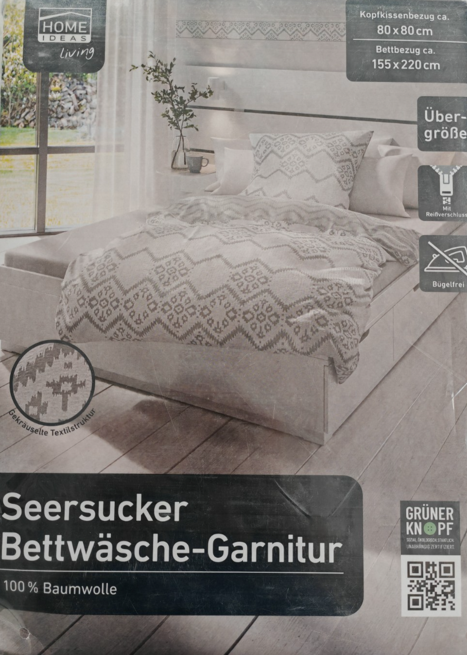 Home Ideas Seersucker Bettwäsche 155x220 80x80 cm Baumwolle Übergröße Grau E4