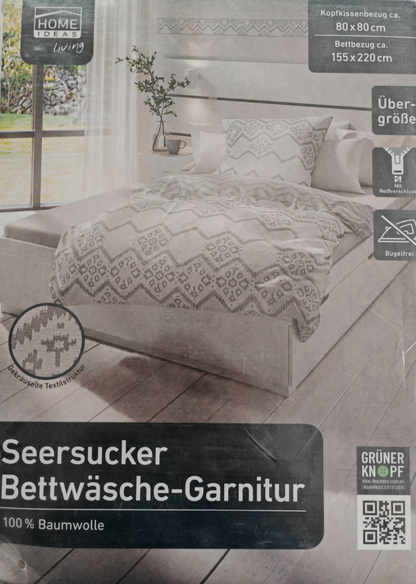 Home Ideas Seersucker Bettwäsche 155x220 80x80 cm Baumwolle Übergröße Grau E4