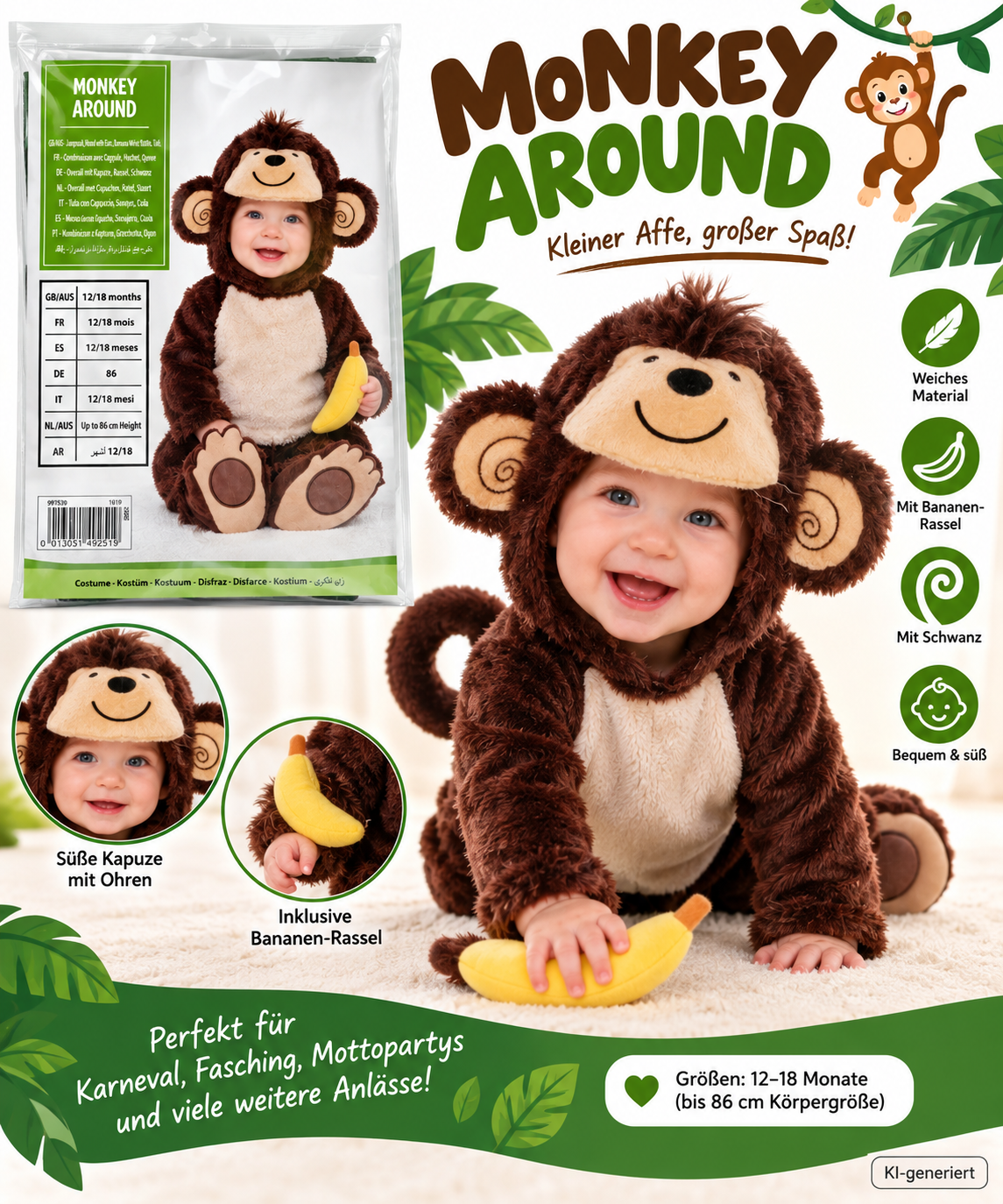 Amscan Monkey Around Affenkostüm Baby Gr. 86 12-18 Monate Karneval Fasching