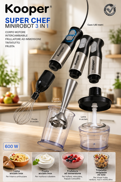 Kooper Super Chef 3in1 Stabmixer Set Pürierstab Zerkleinerer Handmixer Küche F3