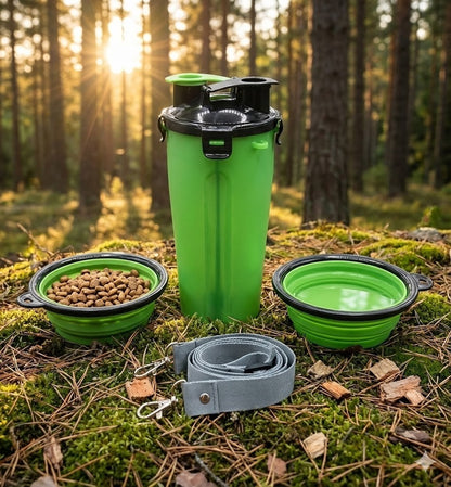Pets Go Out Futter- & Wasserflasche Grün mit 2 Näpfen für Hunde Reisen D10