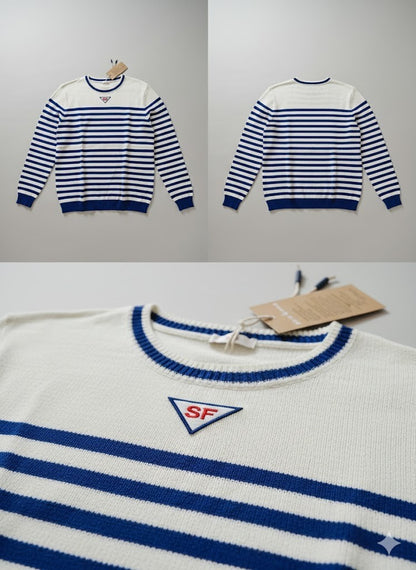 Strandfein Menswear Pullover Rundhals Offwhite/Royalblau L Gestreift Herren