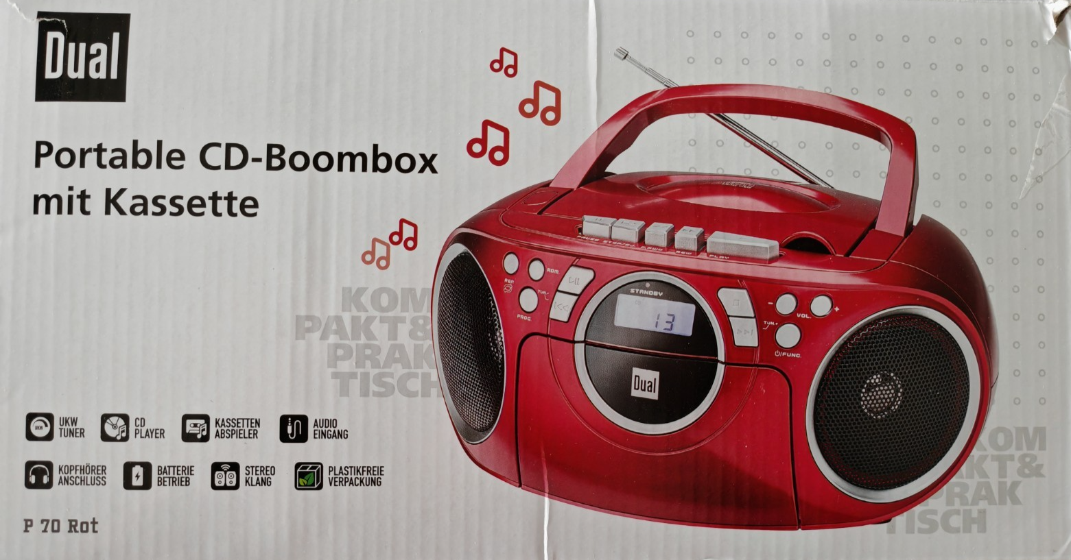 Dual P70 Kassettenradio CD Player UKW Boombox Stereo tragbar Rot A09