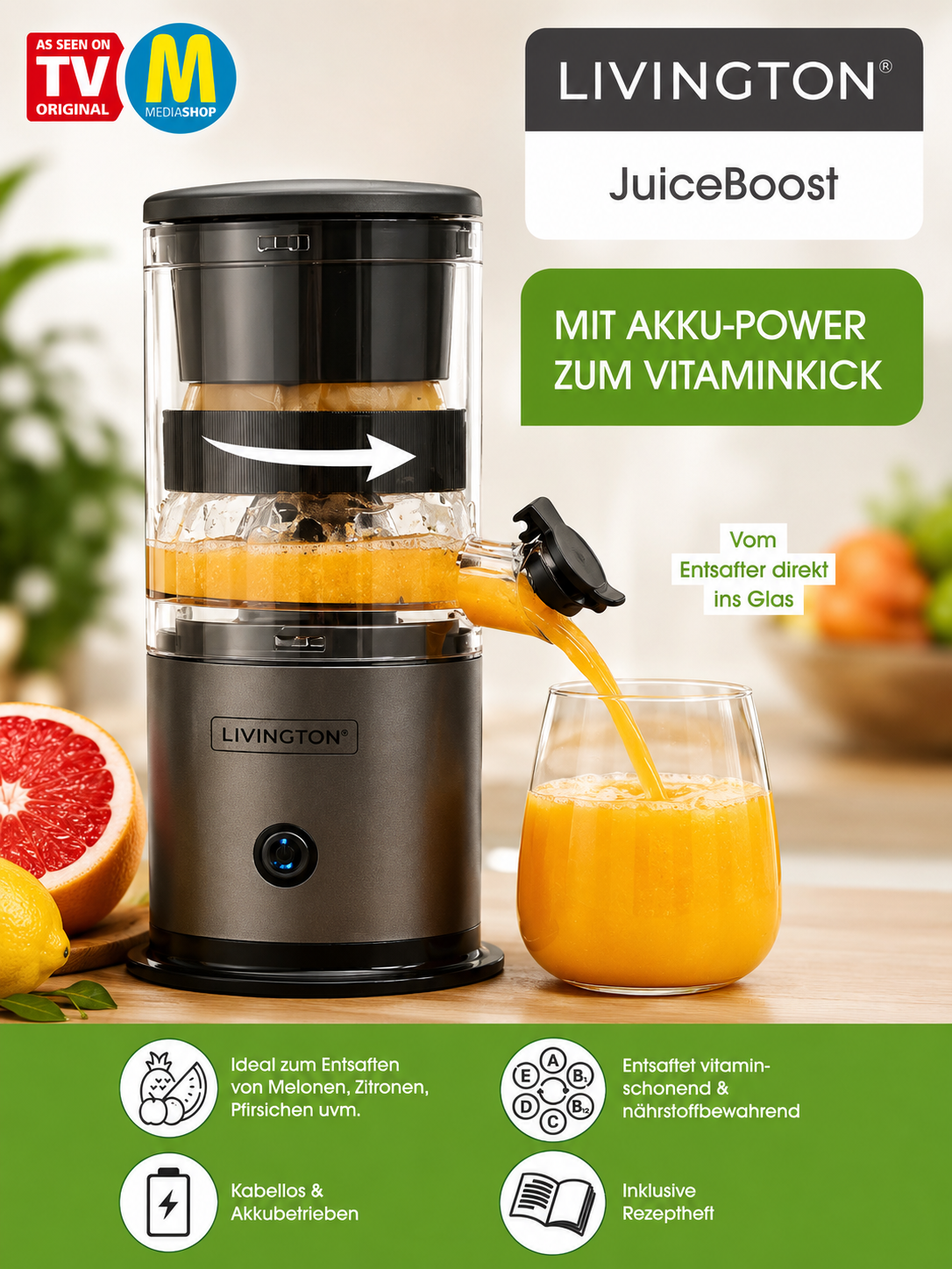 Livington JuiceBoost Akku Entsafter Kabellos Slow Juicer USB Saftpresse 160ml C3