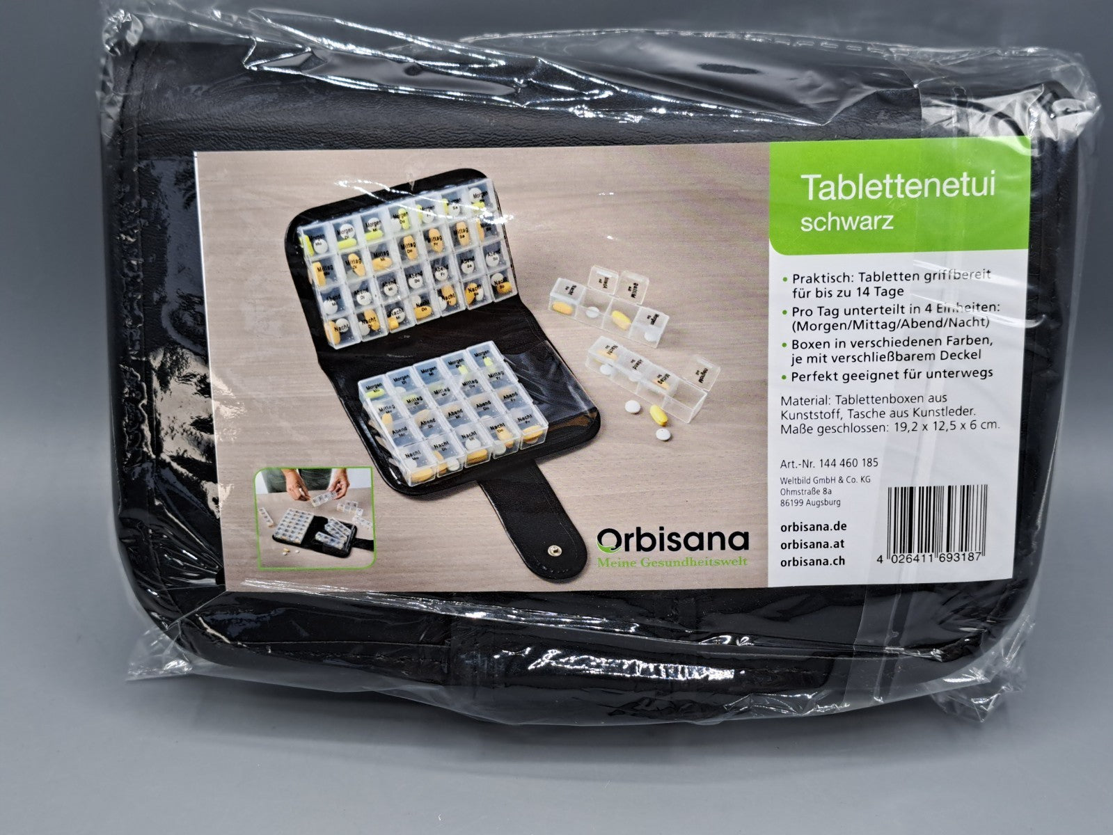 Tablettenetui Tablettenbox  14Tage 19,2 x 12,5 x 6 cm  Schwarz  Orbisana