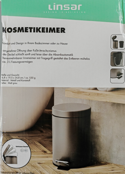 Linsar Kosmetikeimer 3L Grau Tretmülleimer Soft Close Absenkautomatik Bad WC HA6