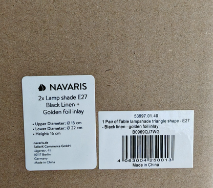 Navaris 2x Lampenschirm E27 Schwarz Gold Leinen 22cm Tischlampe 53997.01.40 HA36