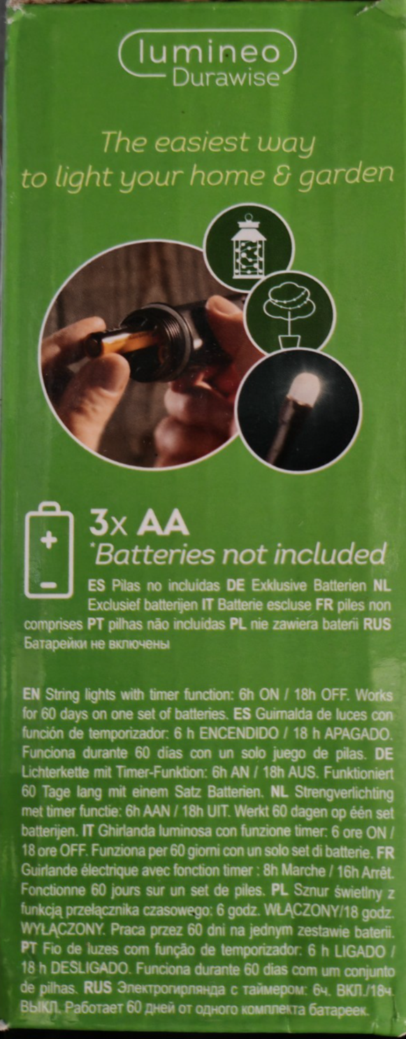 Lumineo Durawise LED Lichterkette 24 LED Warmweiß 1,7m Timer Batterie IP44 HA34
