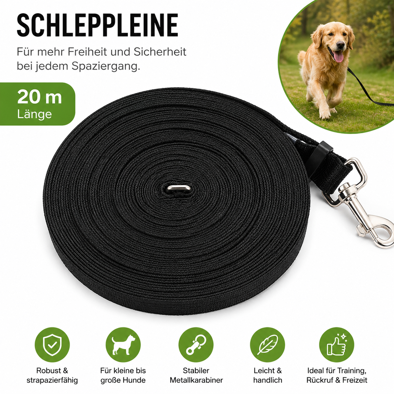 Schleppleine Hund 20m Schwarz Trainingsleine Hundeleine Fährtenleine Leine D10