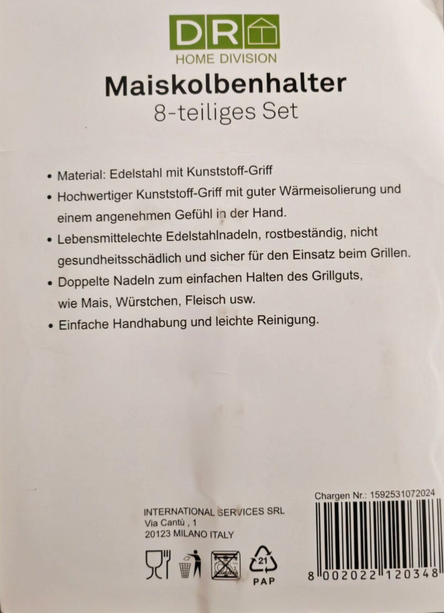 DR Home Division Maiskolbenhalter 8-teilig Set Maishalter Edelstahl Grill BBQ B5