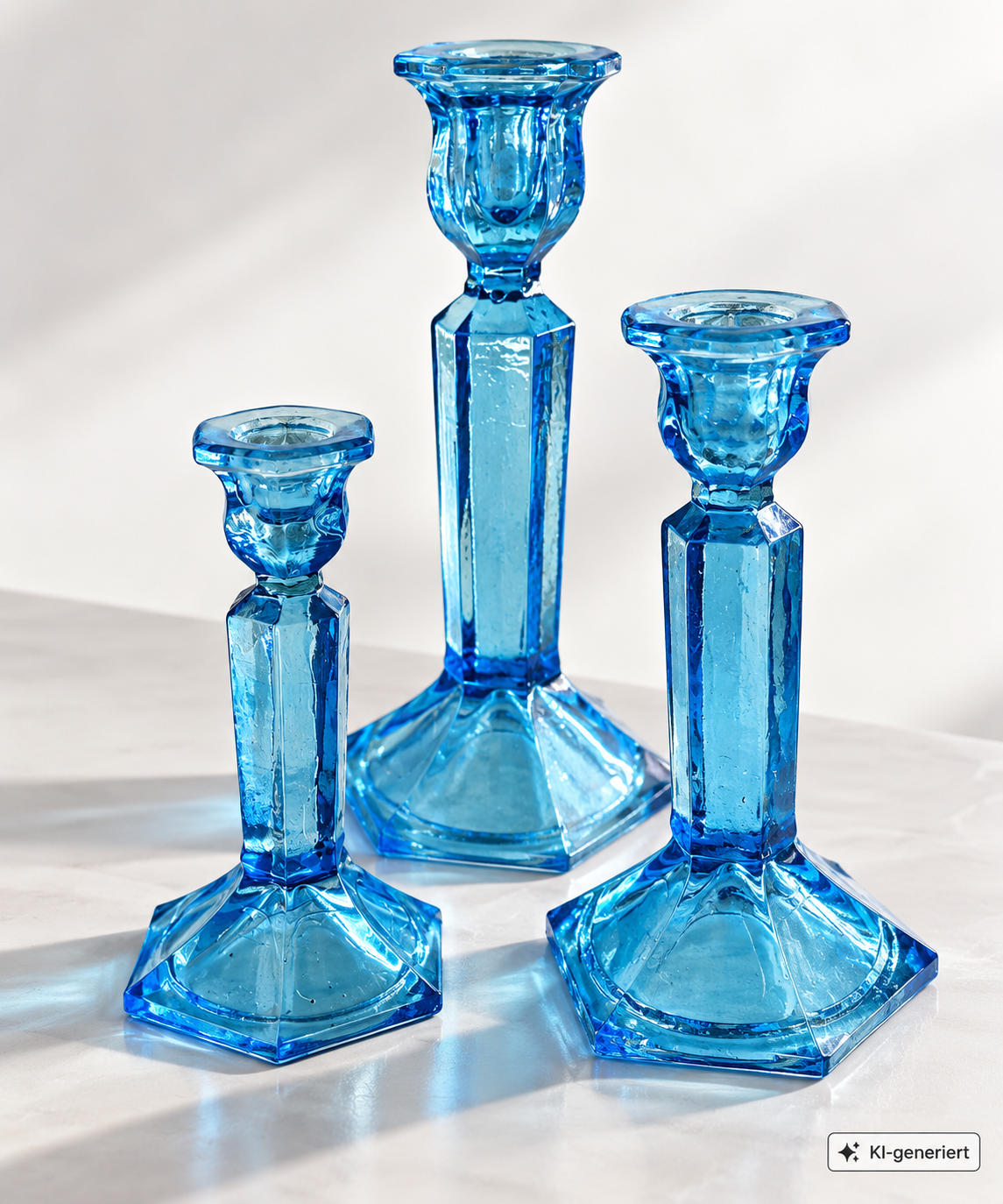 3x Vintage Kerzenleuchter Blau Glas Pressglas Kerzenständer 16/25 cm Retro B4