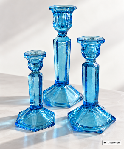 3x Vintage Kerzenleuchter Blau Glas Pressglas Kerzenständer 16/25 cm Retro B4