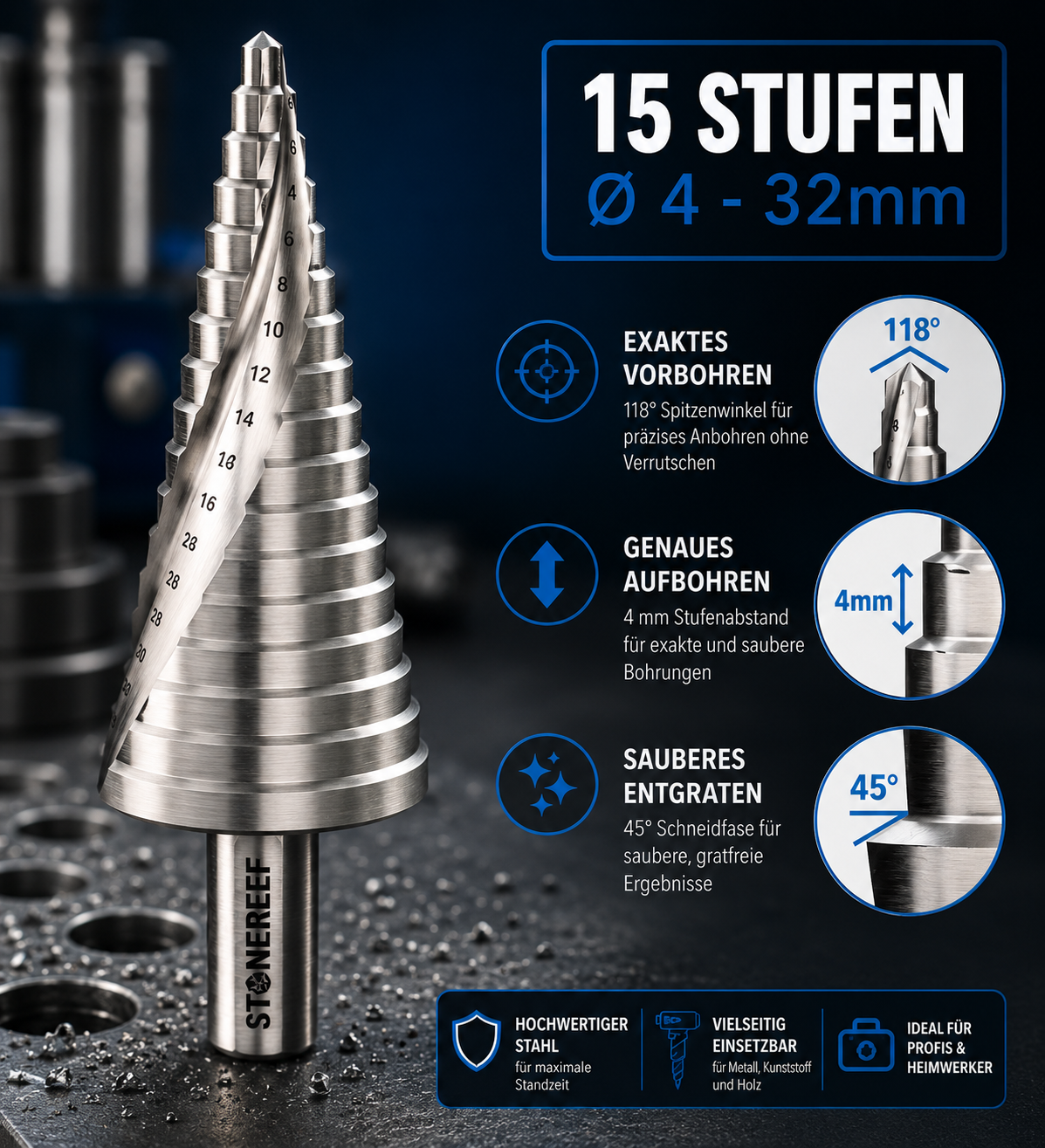 Stufenbohrer 4-32mm HSS Stahl 15 Stufen Kegelbohrer Metallbohrer Profi
