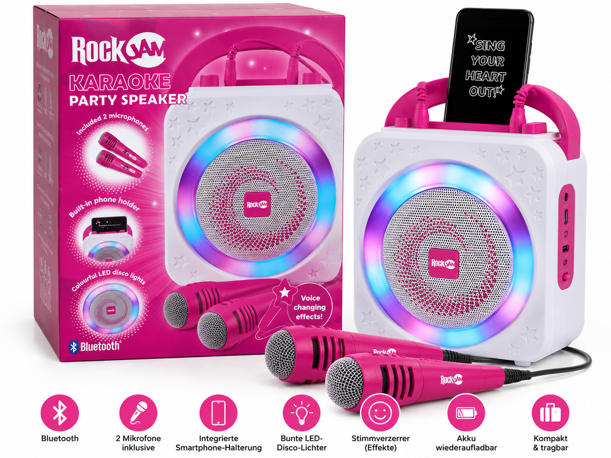 RockJam Karaoke Maschine 10W Bluetooth 2 Mikrofone LED Akku Party Speaker HA24