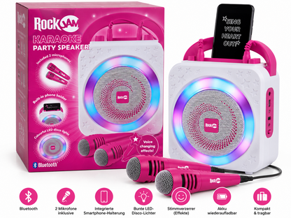 RockJam Karaoke Maschine 10W Bluetooth 2 Mikrofone LED Akku Party Speaker HA24