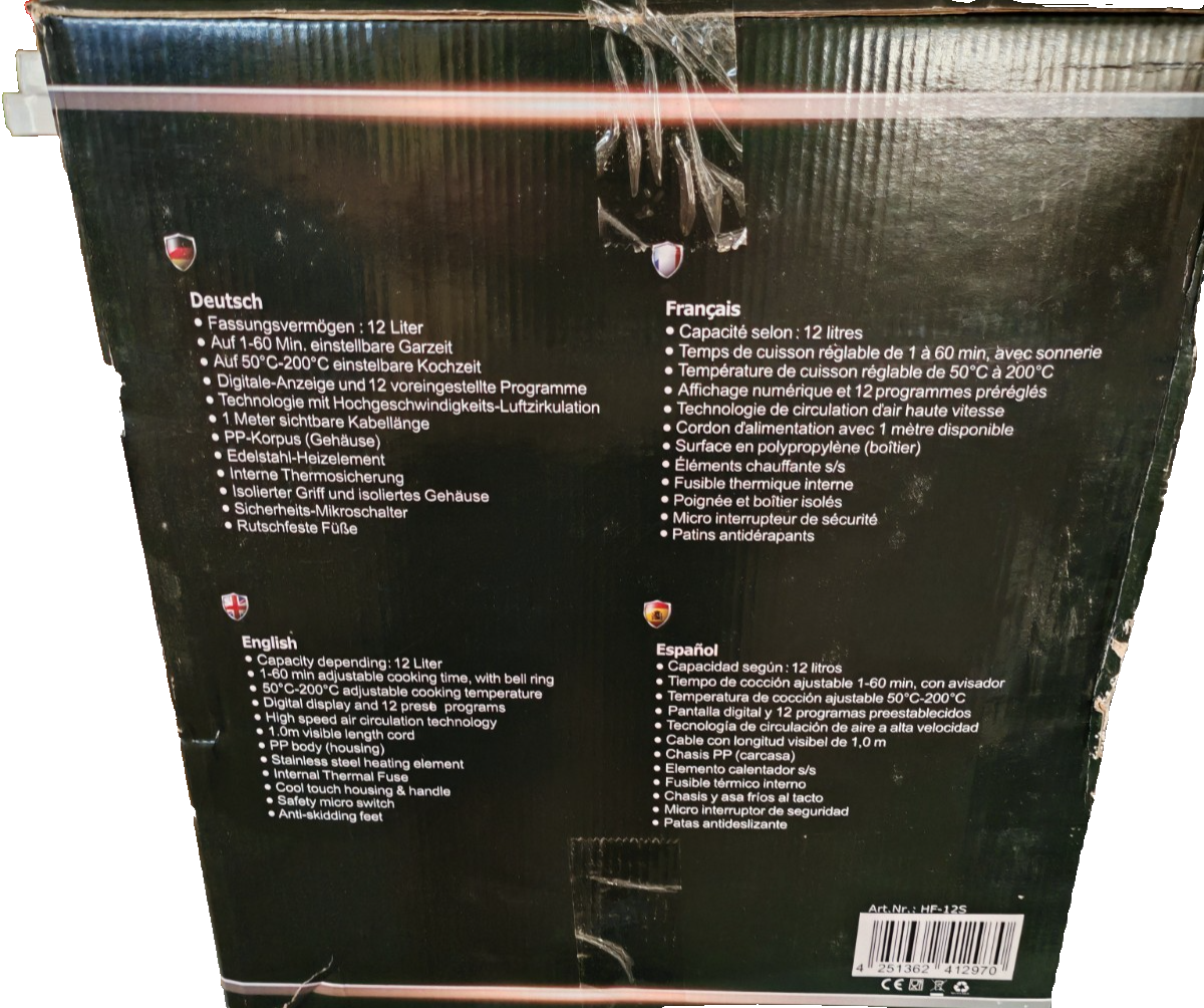 DMS XXXL Heißluftfritteuse 12L 1800W Airfryer Backofen Dörrautomat XXL HO-A22