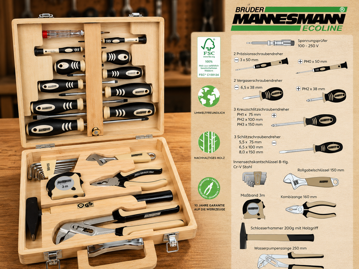 Brüder Mannesmann Werkzeugkoffer 24 tlg Bambuskoffer Werkzeugset Ecoline B2