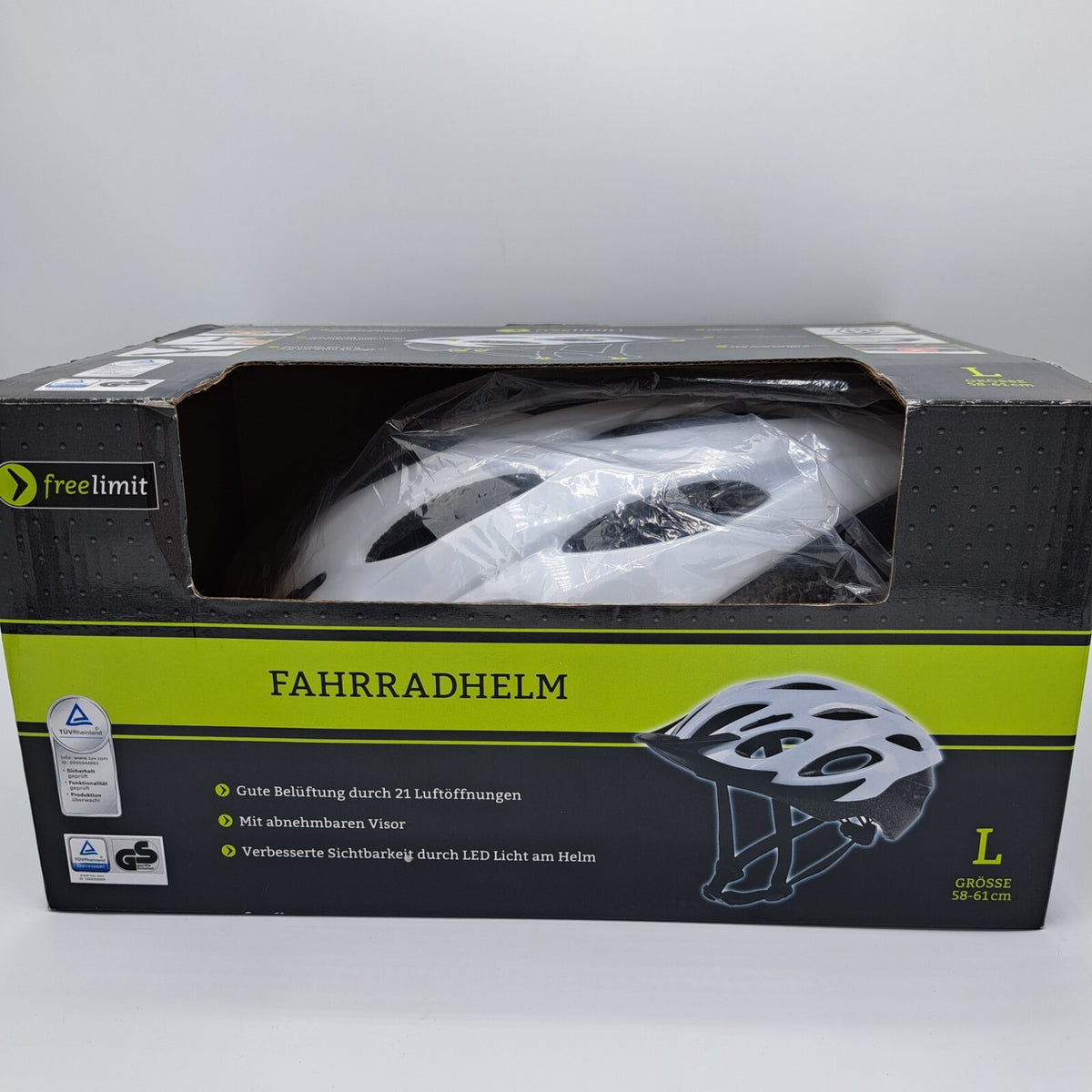 freelimit Fahrradhelm Weiß Schwarz Gr. L 58-61 cm LED Visier 21 Lüftungen E2