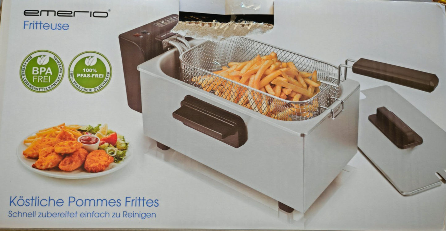 EMERIO DF-132653 Fritteuse 3L 2000W Kaltzone Edelstahl PFAS frei Küche HO-A22