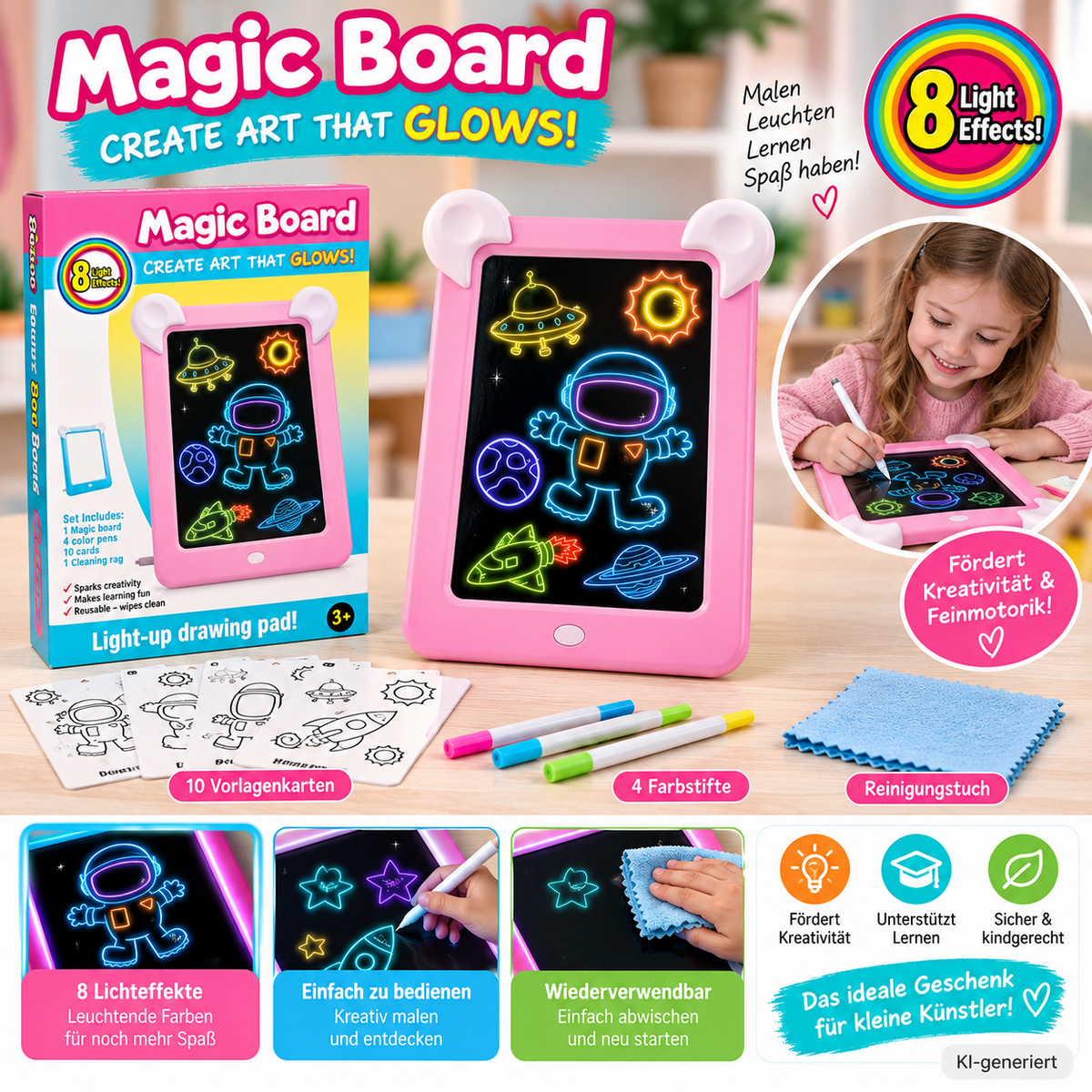 Magic Board LED Maltafel Kinder Leucht-Zeichenbrett 8 Lichteffekte ab 3 Jahre D6