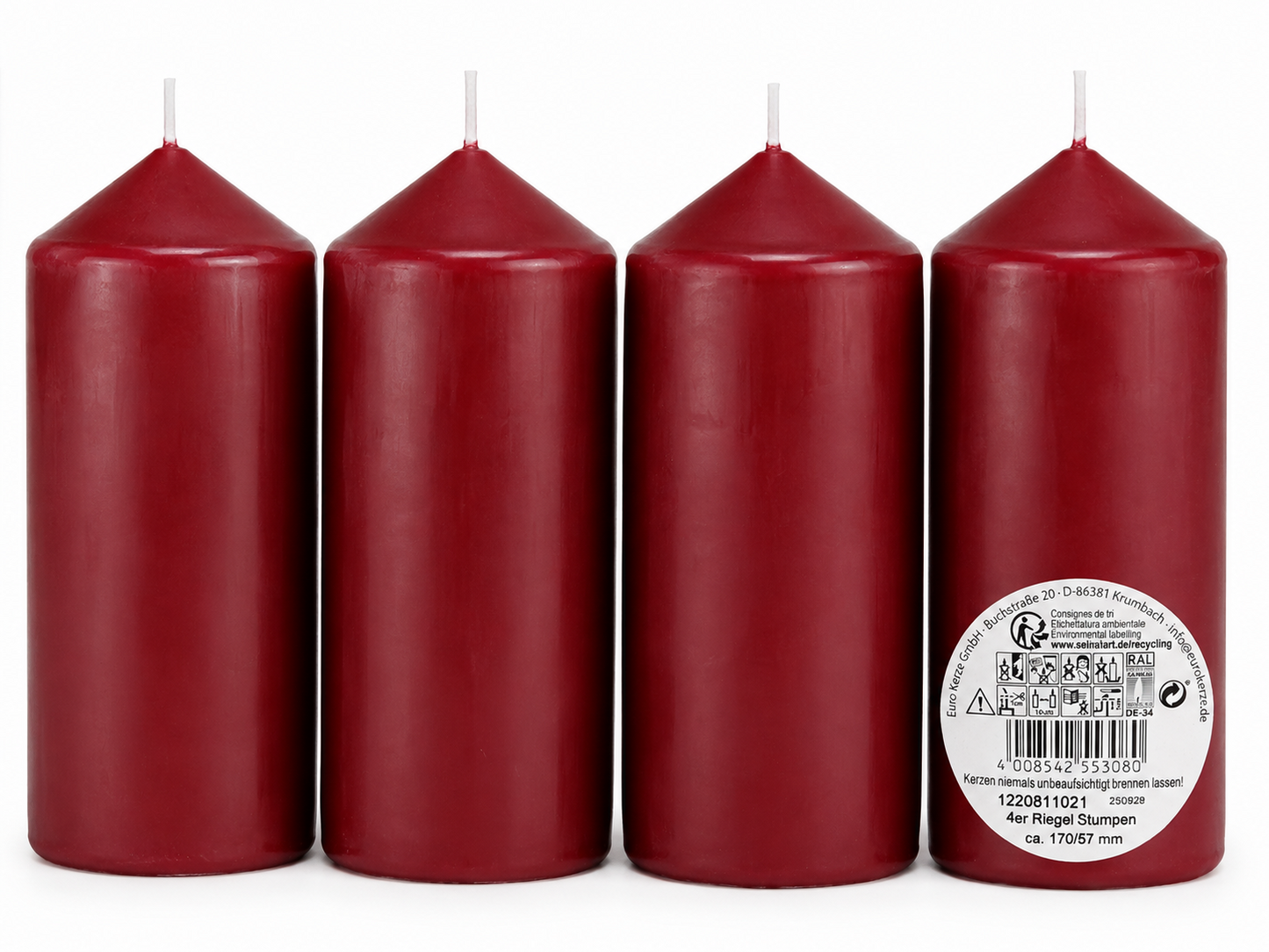 4x Euro Kerze Stumpenkerzen Rot 170x57mm RAL Qualitätskerzen Dekokerzen B8