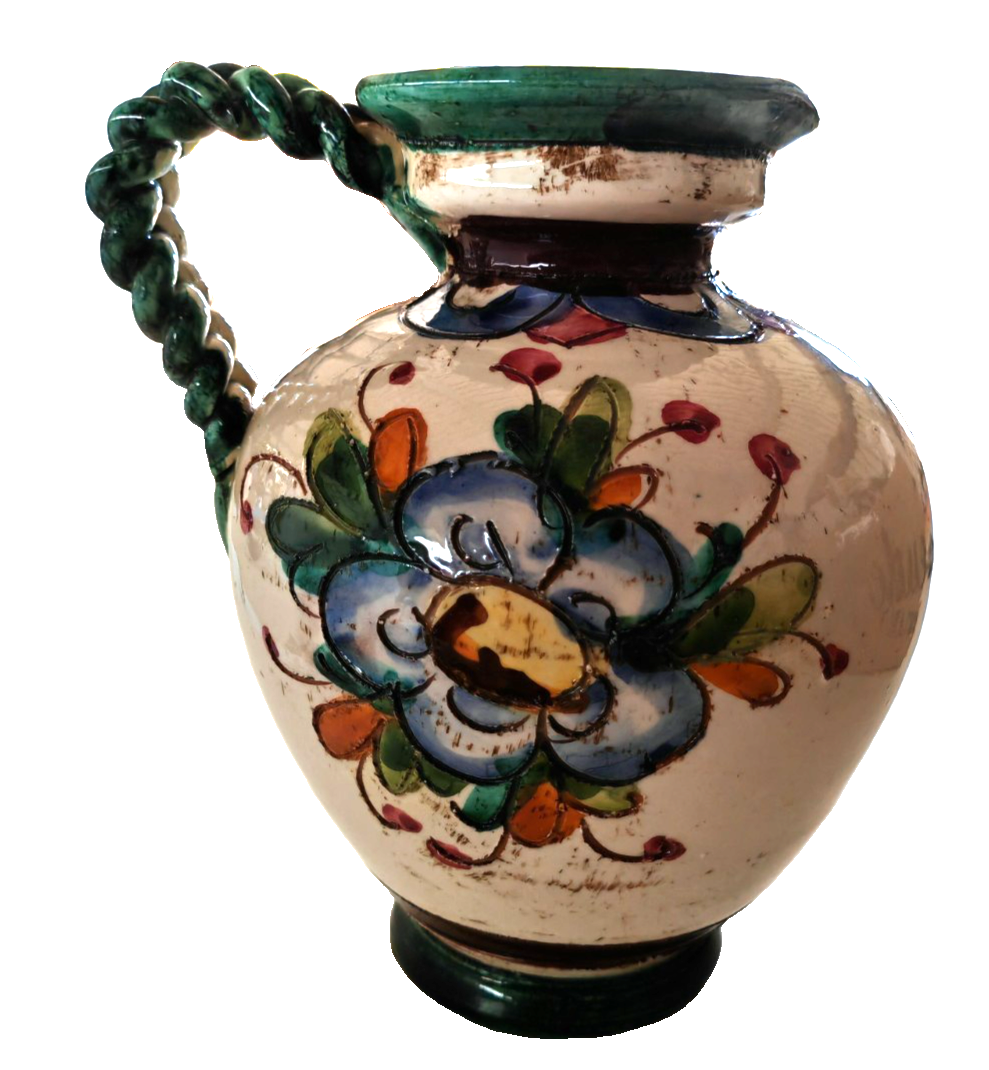Keramik Krug Vase Blumenmotiv Relief Grün Blau Handbemalt Landhaus Deko B4