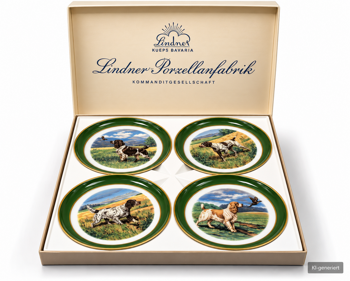Lindner Porzellan 4 Sammelteller Jagdhunde Hundemotive Grün Goldrand OVP