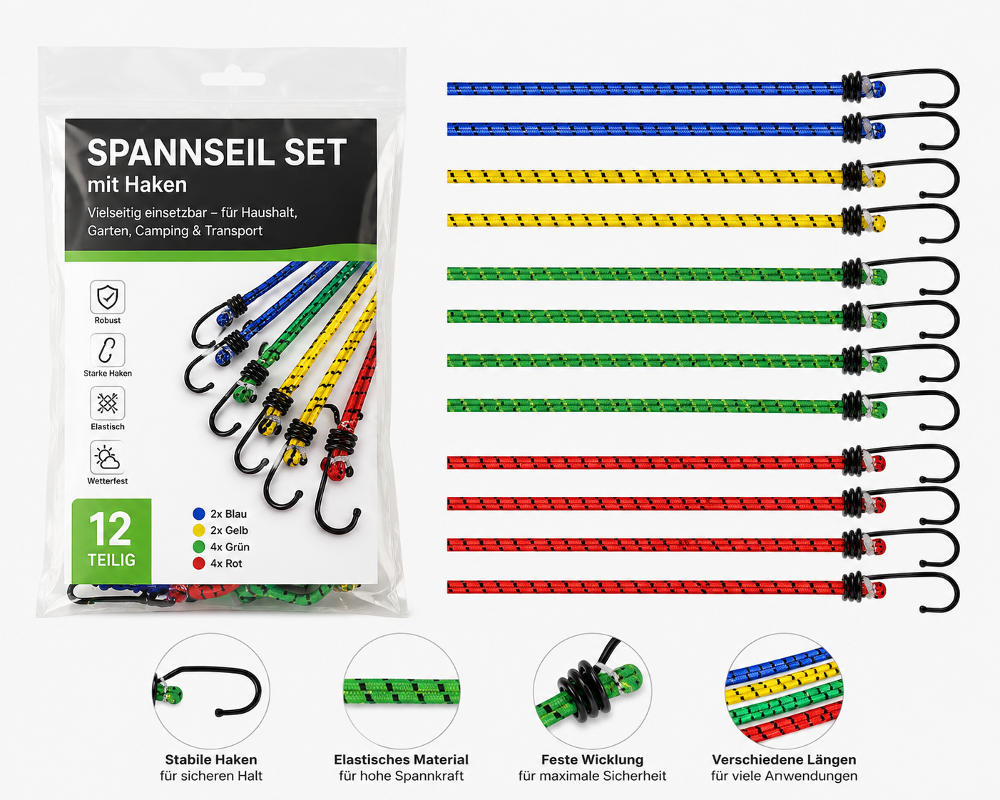 PRETEX Spanngurte 12er Set mit Haken Expander Gepäckspanner 4 Längen Bungee B1