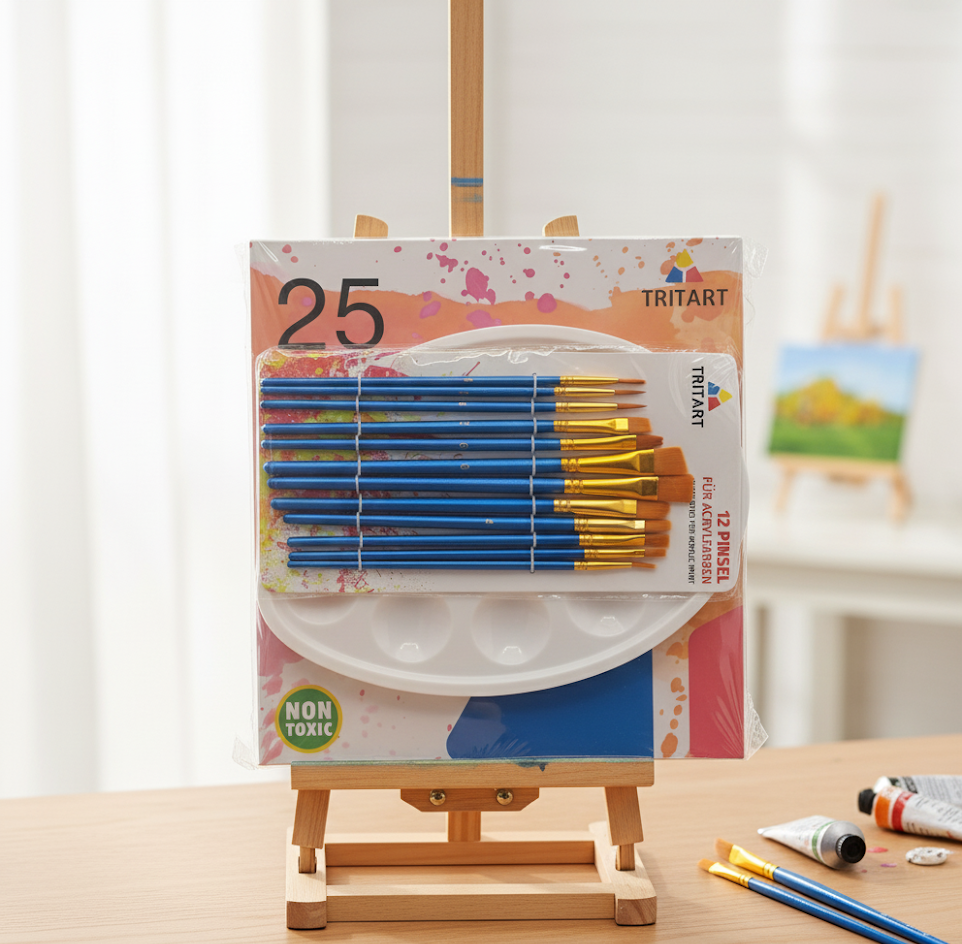 Tritart Acrylfarben Set 25x12ml Künstlerfarben Malset 12 Pinsel Hochwertig D9