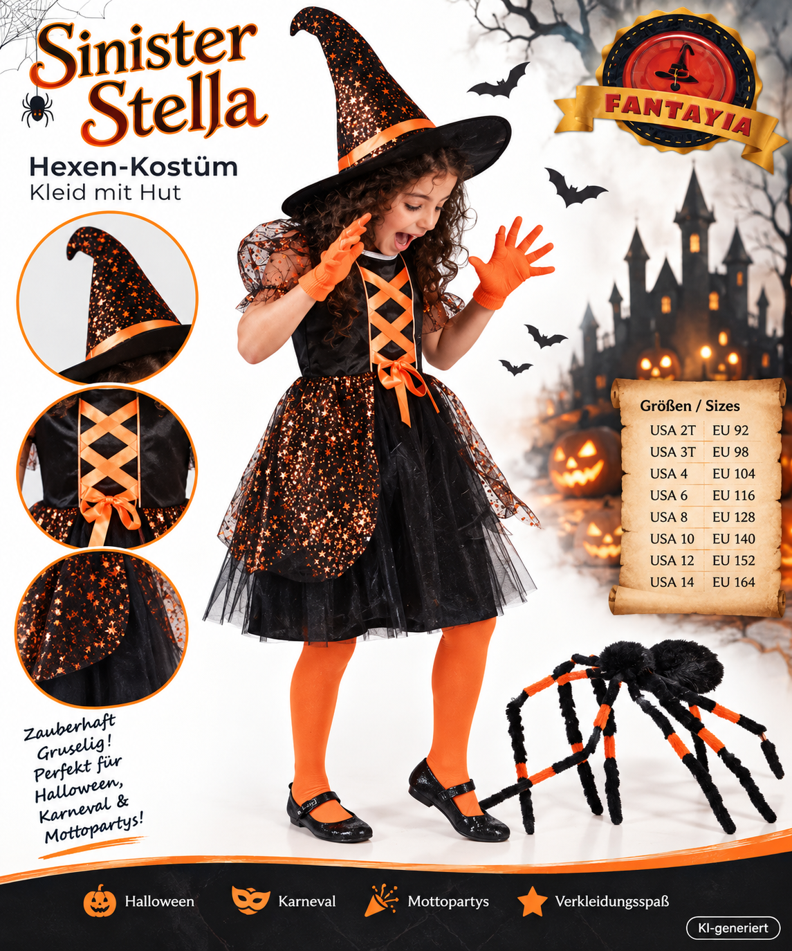 Fantazia Sinister Stella Hexenkostüm Mädchen Gr. 140 Halloween Hexe Kleid Hut