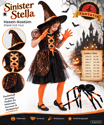 Fantazia Sinister Stella Hexenkostüm Mädchen Gr. 140 Halloween Hexe Kleid Hut