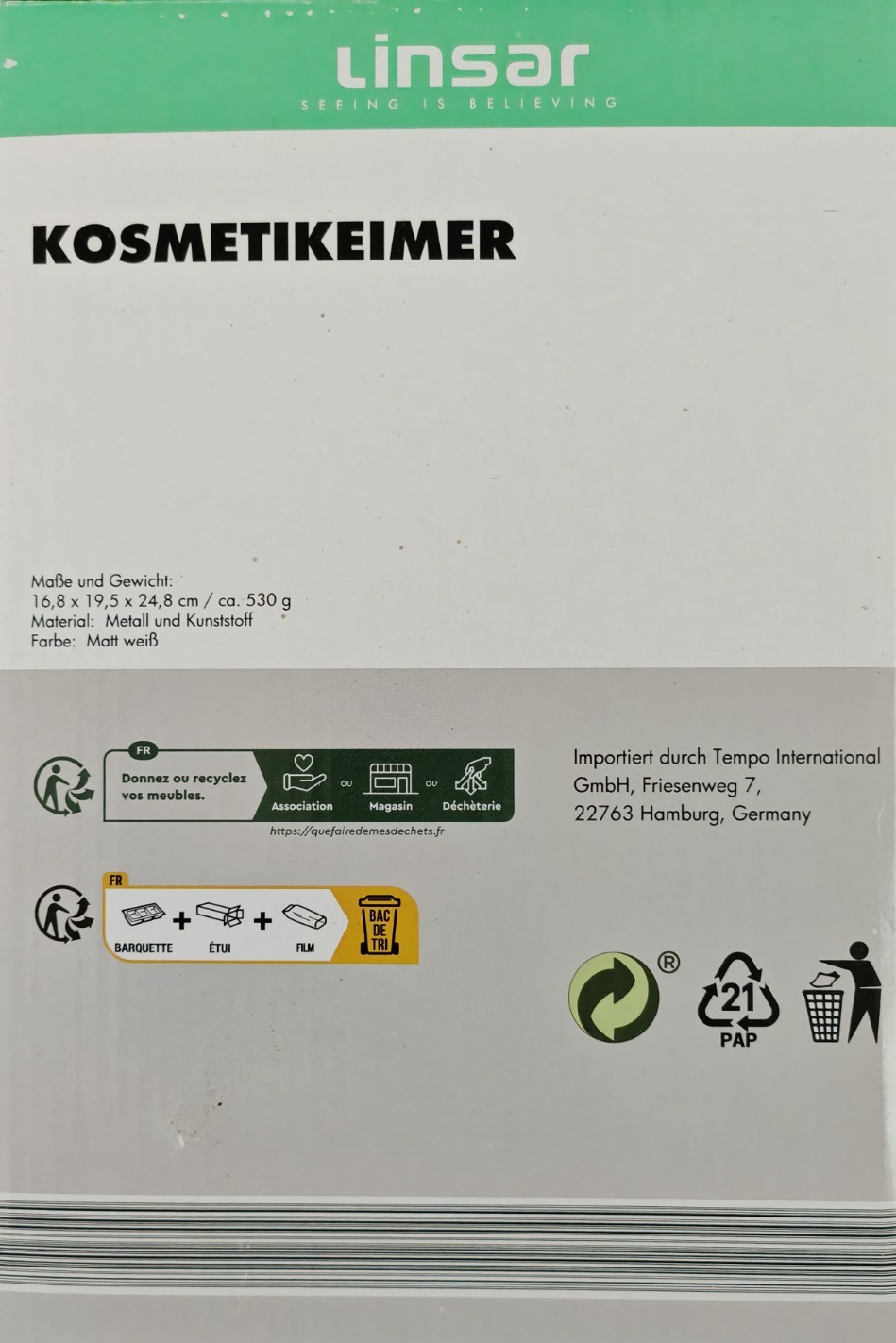 Linsar Kosmetikeimer 3L Weiß Tretmülleimer Soft Close Absenkautomatik Bad WC HA6